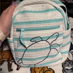 Vera Bradley Striped Crochet Turtle Mini Backpack in White and Aqua